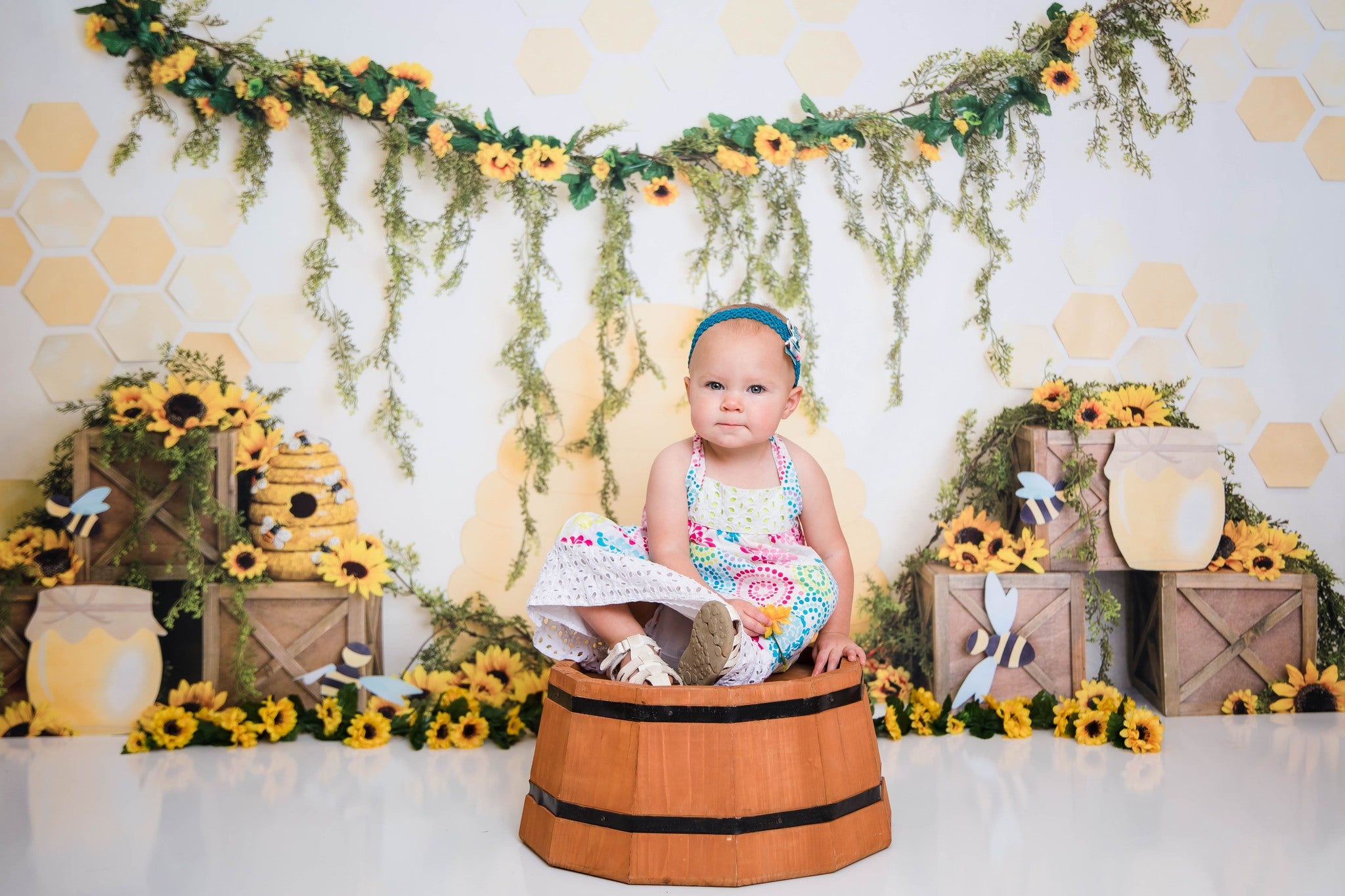 Kate Honey Bee Backdrop Sunflower Cake Smash Photography Designed by Megan Leigh Photography - Kate Backdrop AU