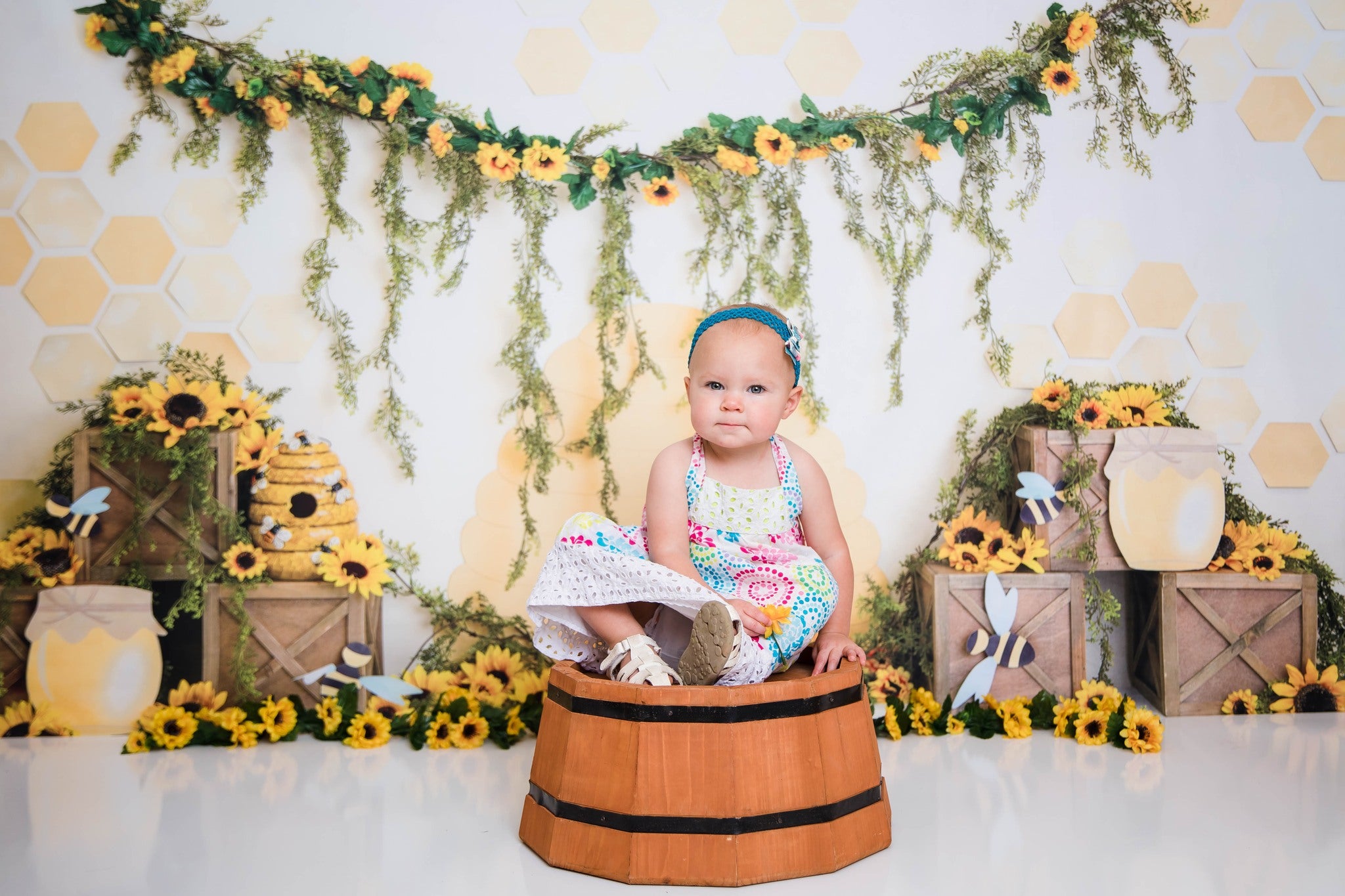 Kate Honey Bee Backdrop Sunflower Cake Smash Photography Designed by Megan Leigh Photography