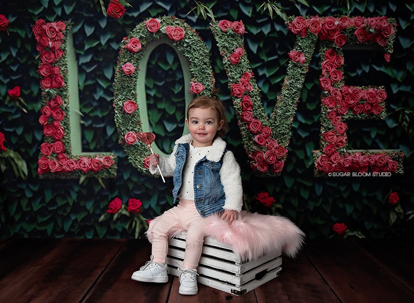 Kate Valentine Pink Flower Love Letters Backdrop Grass Wall Designed by Mini MakeBelieve - Kate Backdrop AU