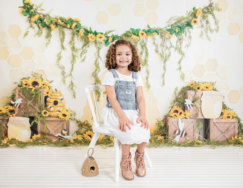 Kate Honey Bee Backdrop Sunflower Cake Smash Photography Designed by Megan Leigh Photography