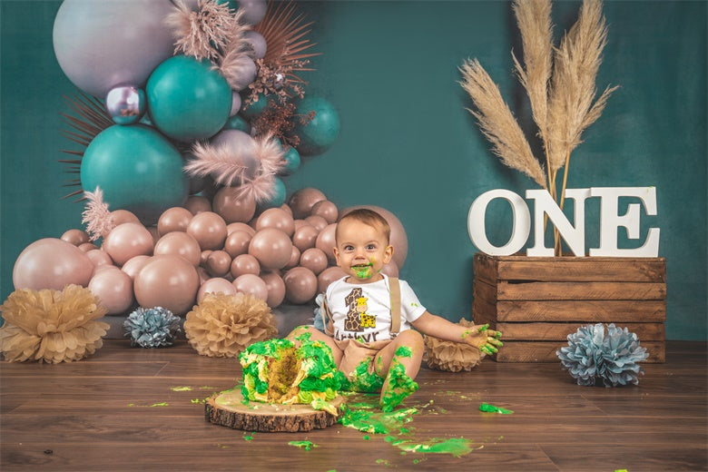 Kate Boho Balloons Backdrop Cake Smash Green Wall Designed by Uta Mueller Photography - Kate Backdrop AU