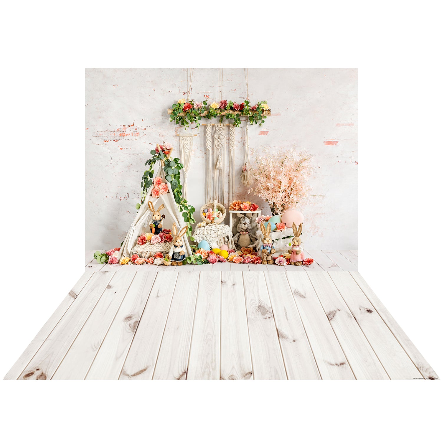 Kate Spring/Easter Bunny Backdrop+White Retro Wooden Wall Rubber Floor Mat