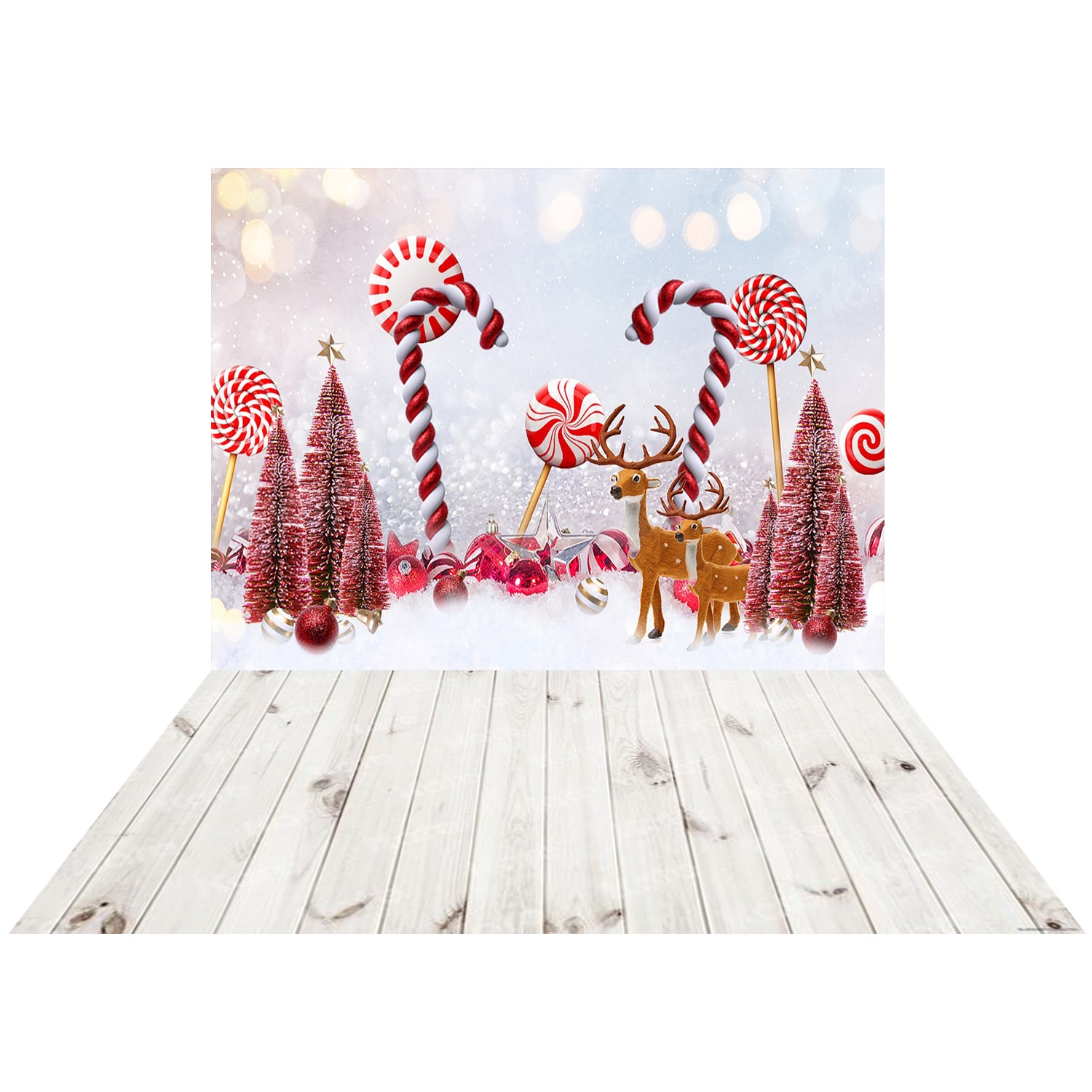 Kate Christmas Snow Elk Candy Backdrop+Kate White Retro Wooden Wall Rubber Floor Mat