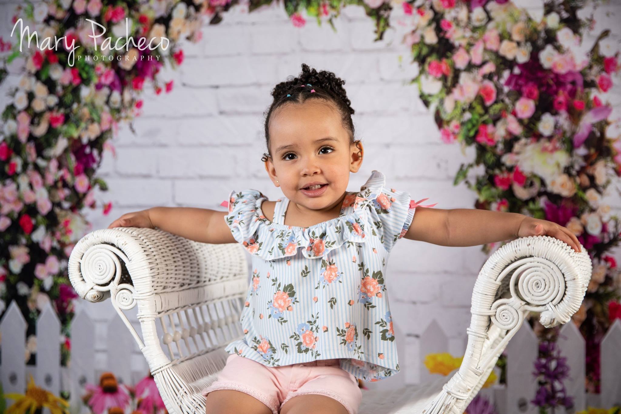 Kate Retro Brick with Spring Flowers and Fence Backdrop for Photography Designed by JFCC