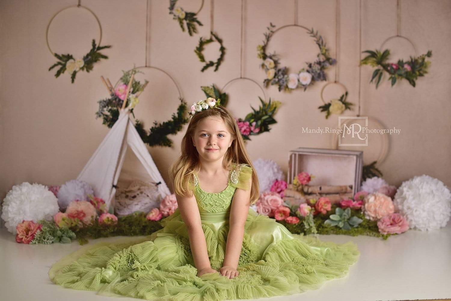 Kate Spring Flowers Camping Children Birthday Backdrop for Photography Designed by Mandy Ringe Photography