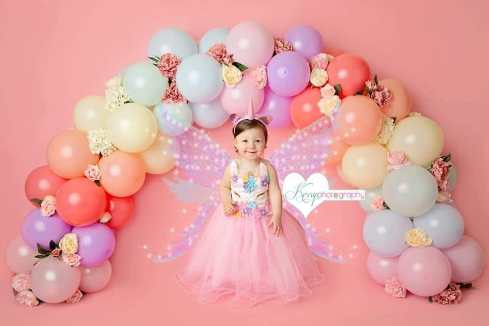 Kate Rainbow Floral Balloons Birthday Children Backdrop for Photography Designed by Kerry Anderson