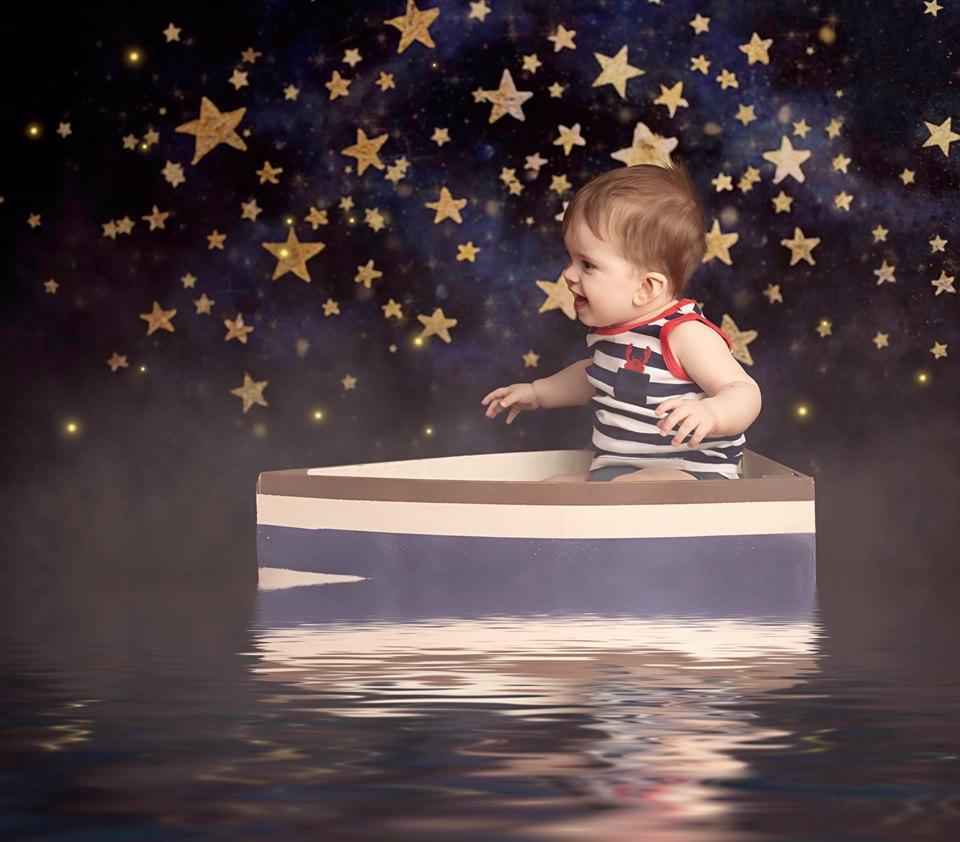 Kate Night Sky with Gold Stars Children Birthday Backdrop for Photography Designed by Mandy Ringe Photography