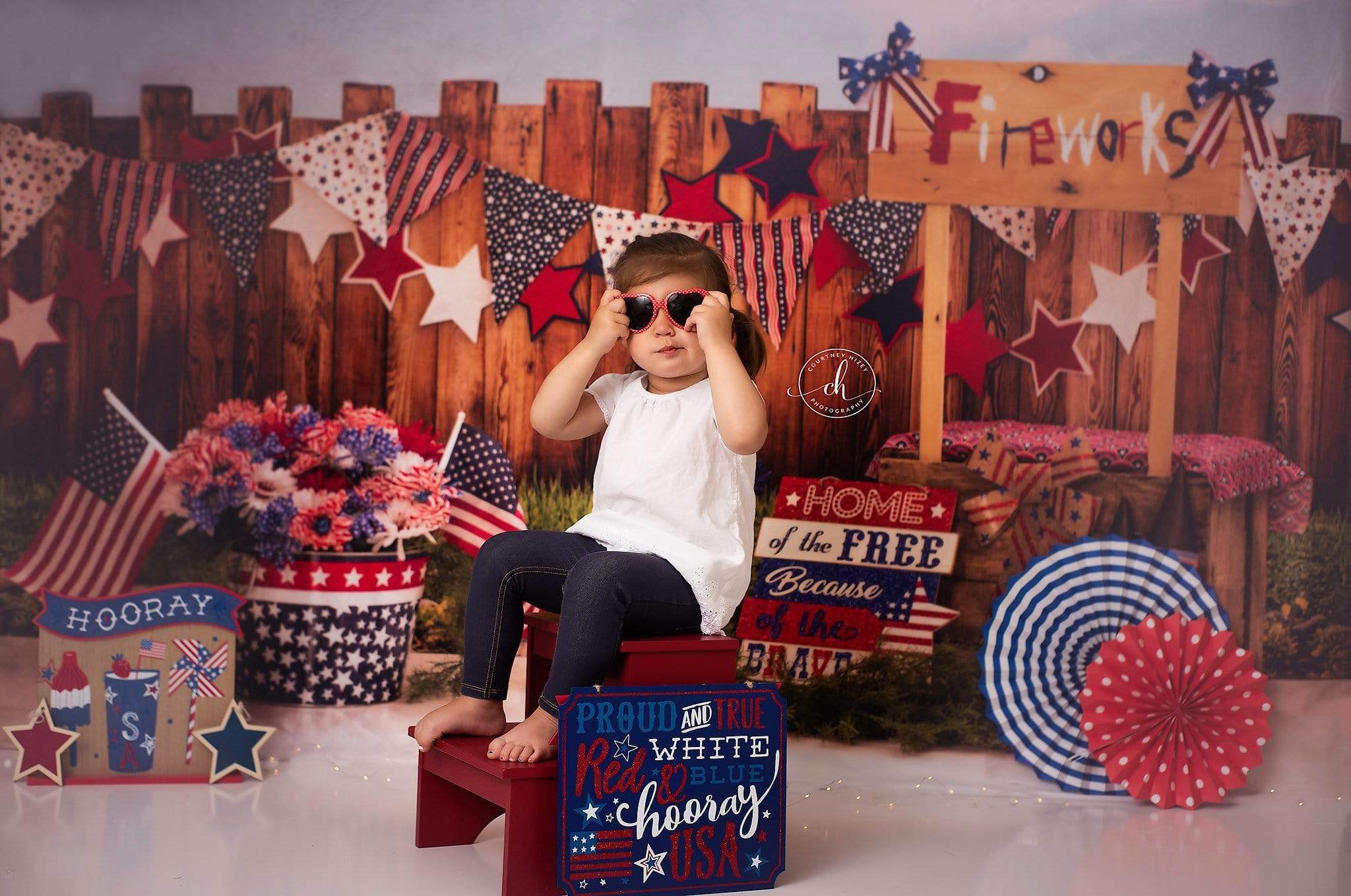 Kate American Fireworks Cabinet 4th of July Children Backdrop for Photography Designed by Stephanie Gabbard