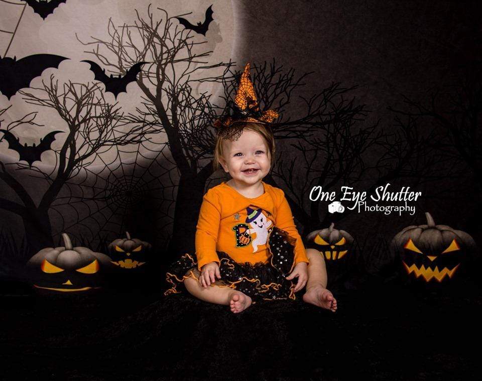 Kate Halloween Moon Gloomy Woods with Bats And Pumpkin Backdrop for Photography - Kate Backdrop AU