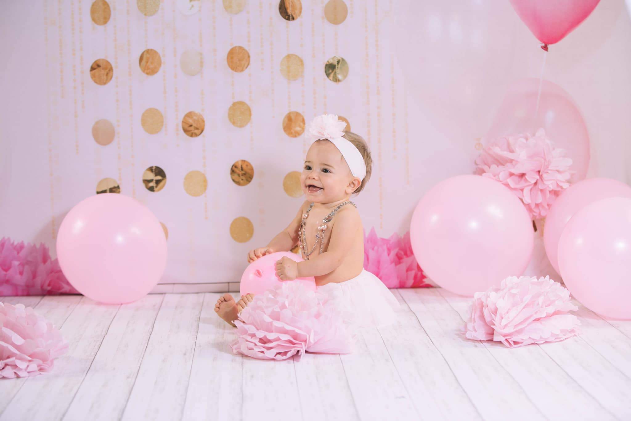 Kate Cake Smash with Balloons Pink Birthday Backdrop Designed By Jessica Evangeline photography