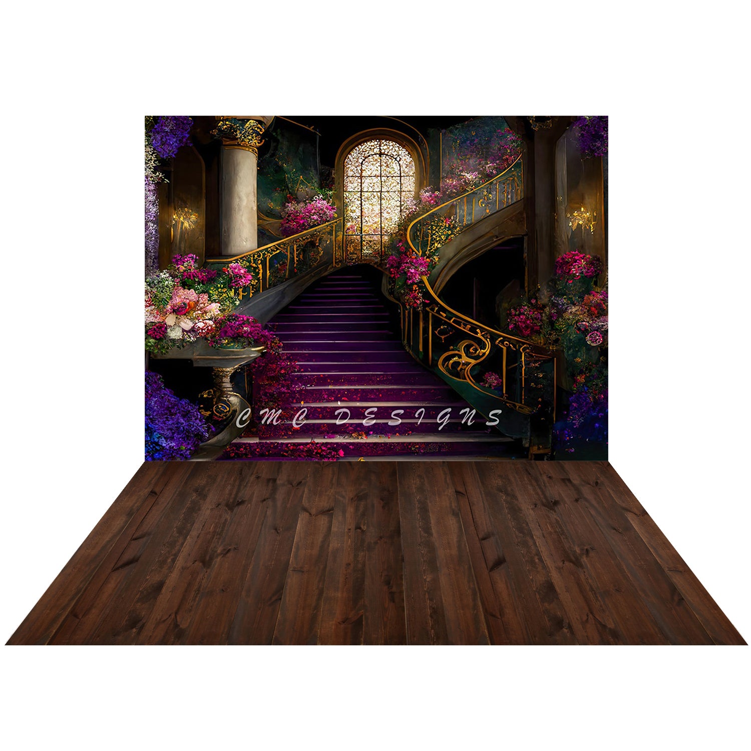 Kate Gorgeous Stairs Elegant Purple Flower Backdrop+Dark Wood Rubber Floor Mat