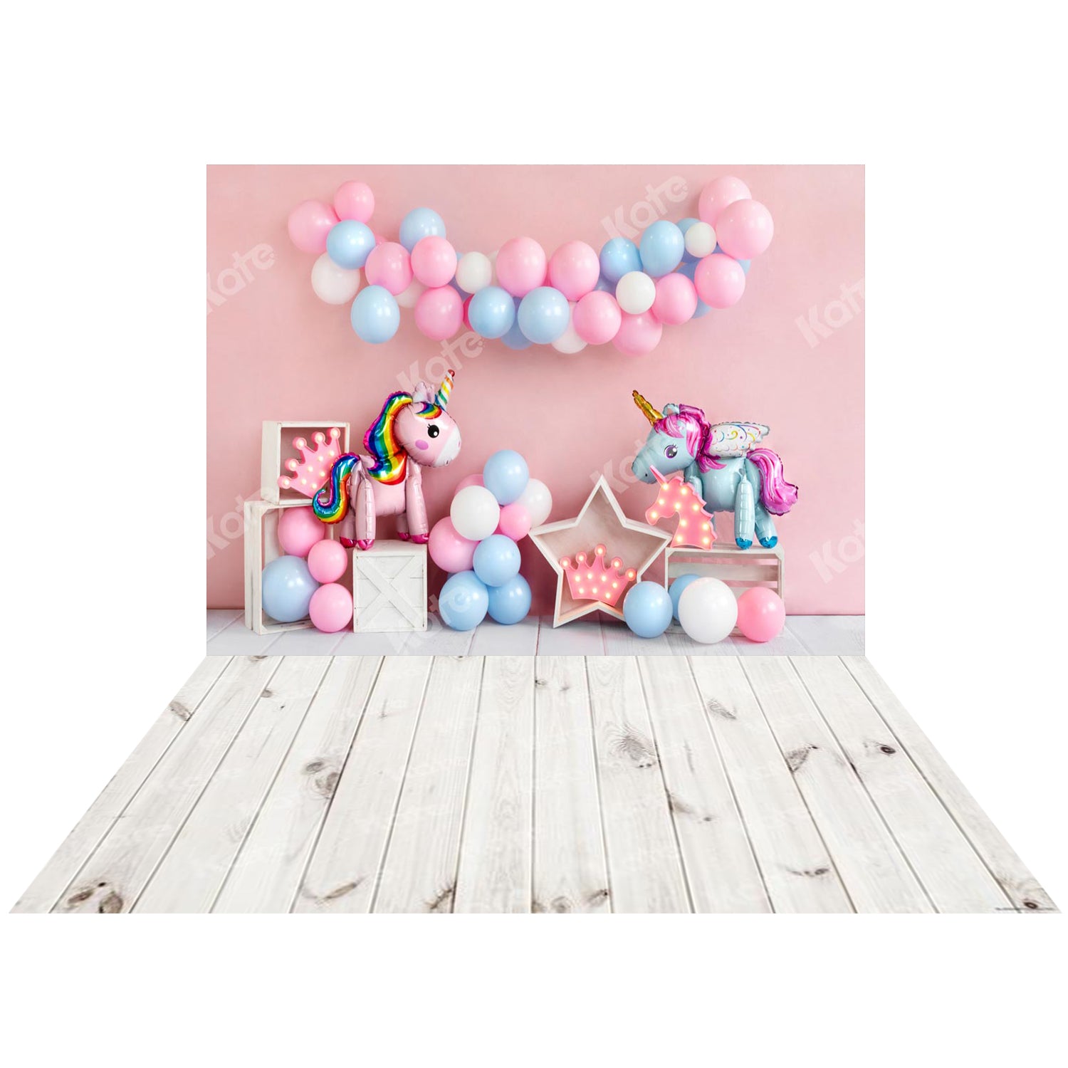 Kate Unicorn Pink Birthday Backdrop+Kate White Retro Wooden Wall Rubber Floor Mat