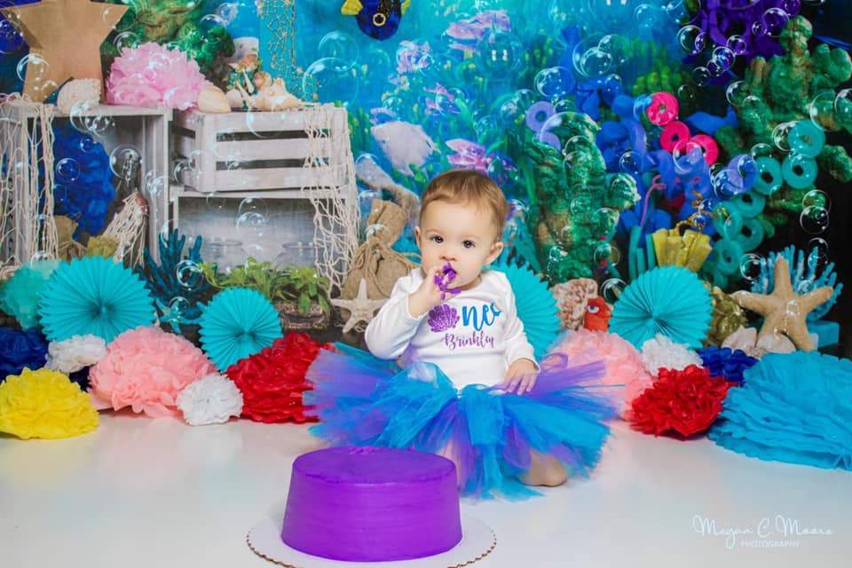 Kate mermaid under sea 1st birthday cake smash summer Backdrop designed by studio gumot