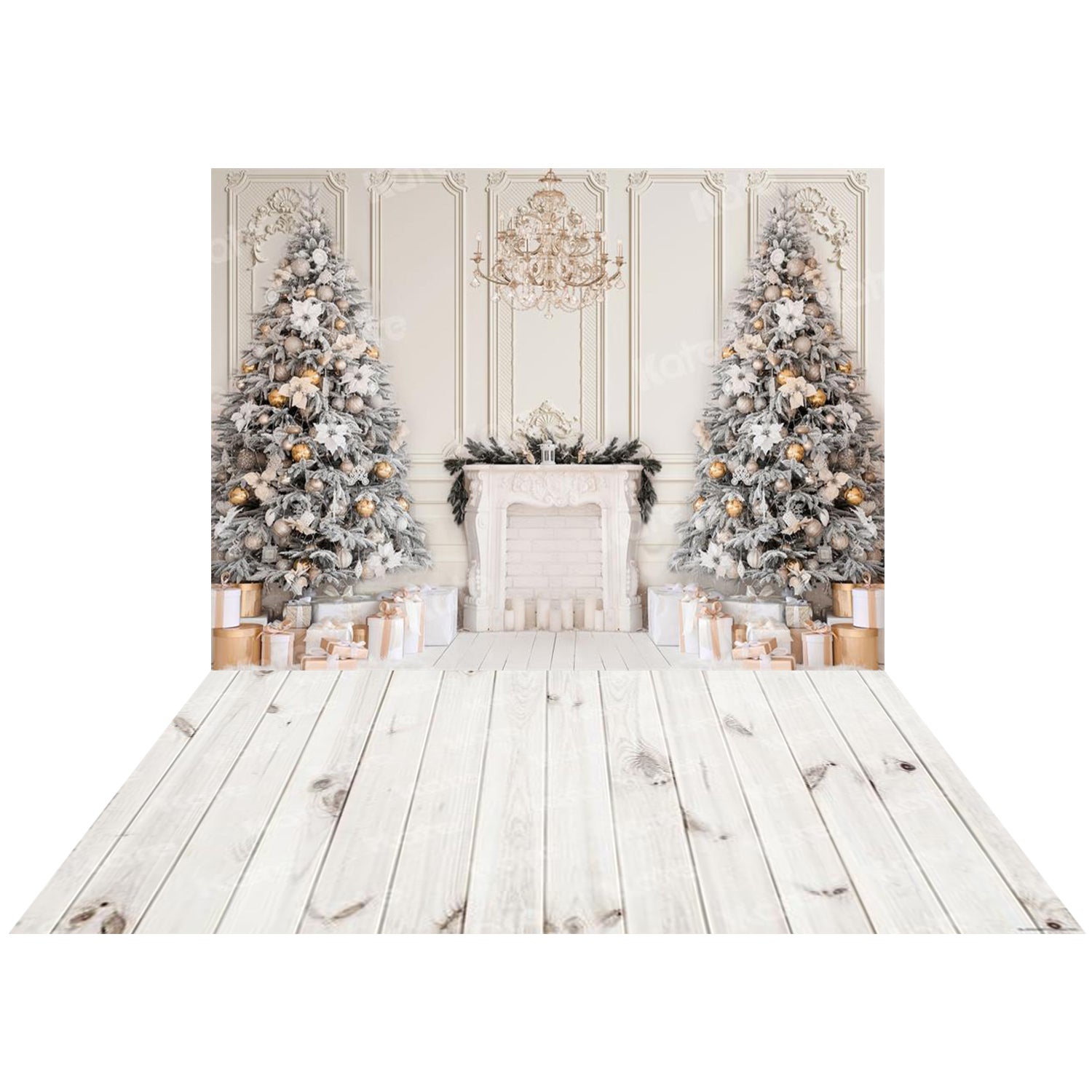 Kate Kate Christmas Fireplace Backdrop+Kate White Retro Wooden Wall Rubber Floor Mat