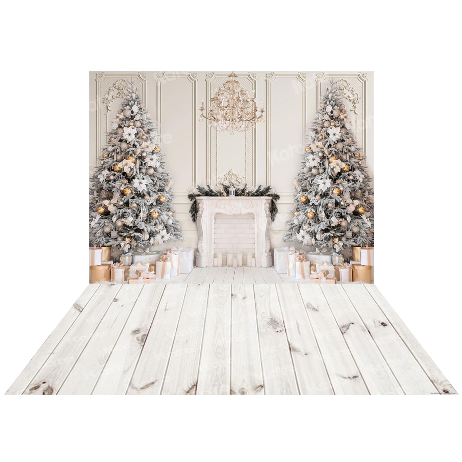 Kate Kate Christmas Fireplace Backdrop+Kate White Retro Wooden Wall Rubber Floor Mat - Kate Backdrop AU