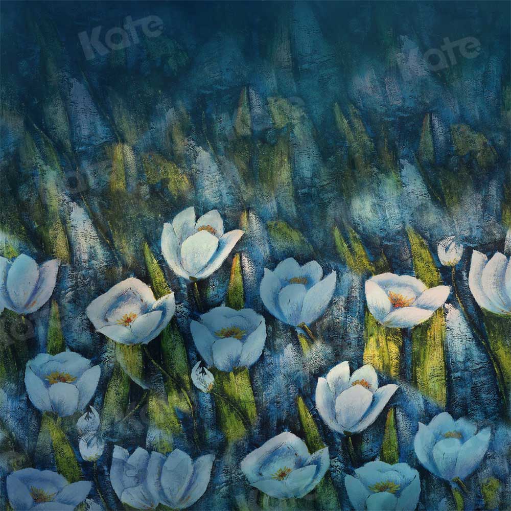Kate Fine Art Abstract White Flowers Backdrop Blue for Photography - Kate Backdrop AU