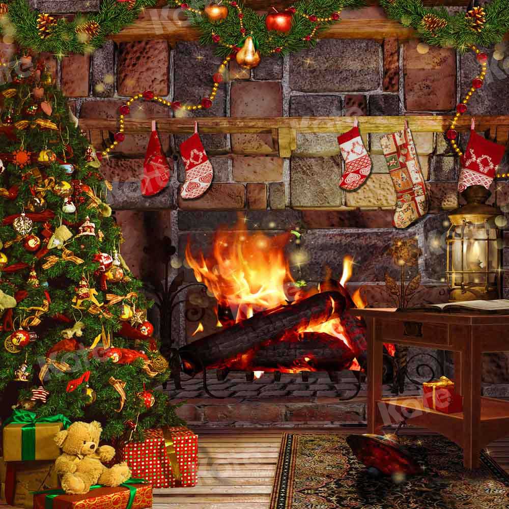 Kate Christmas Tree Fireplace Backdrop Fire Designed by Chain Photography
