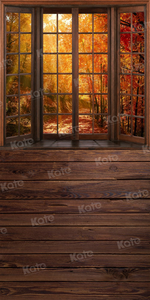 Kate Sweep Autumn Backdrop Fallen Leaves Window Patchwork Brown Wood Floor Designed by Chain Photography