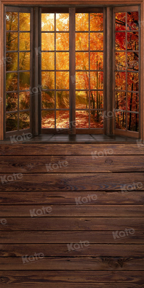 Kate Sweep Autumn Backdrop Fallen Leaves Window Patchwork Brown Wood Floor Designed by Chain Photography - Kate Backdrop AU