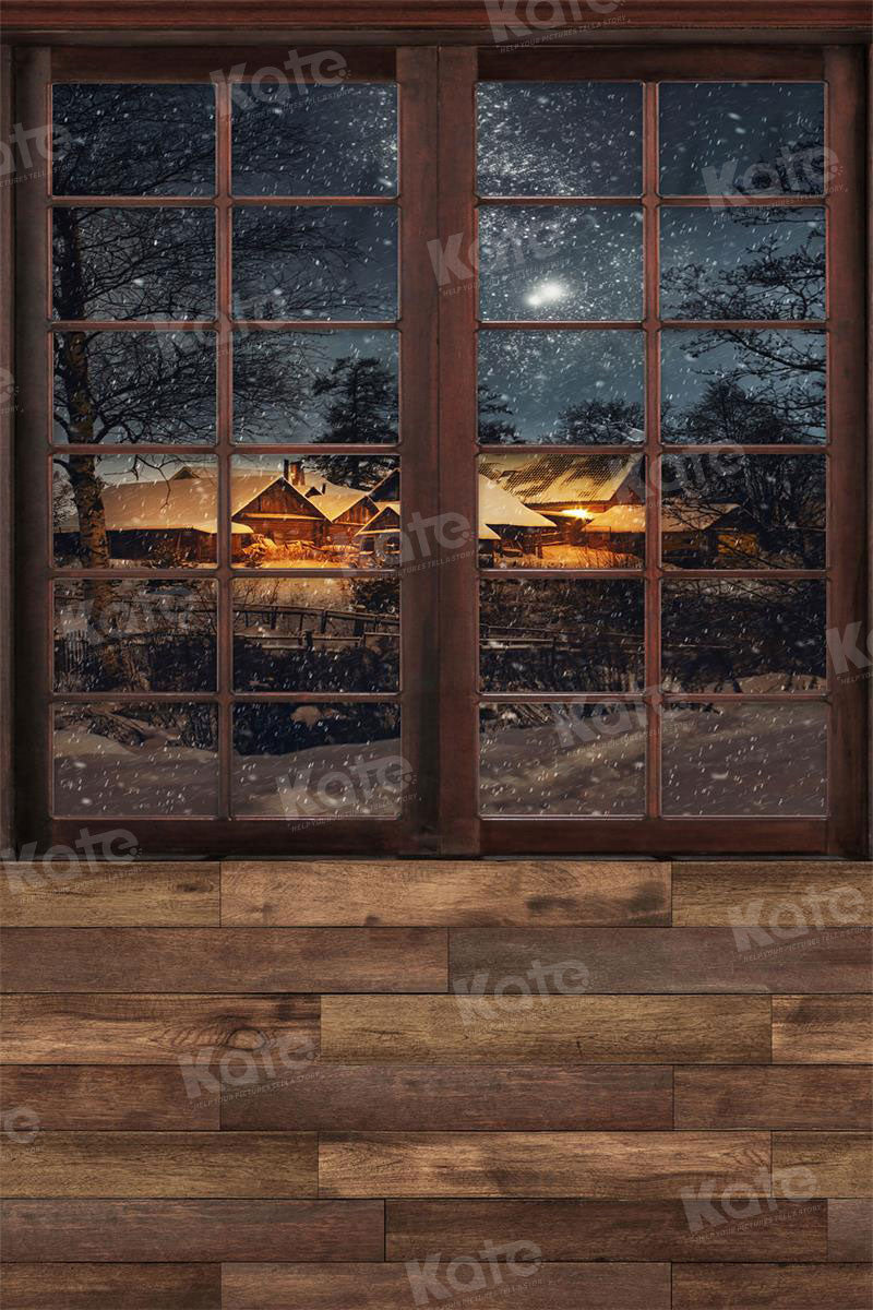 Kate Winter Snowy Night Backdrop Window Wood Splicing for Photography