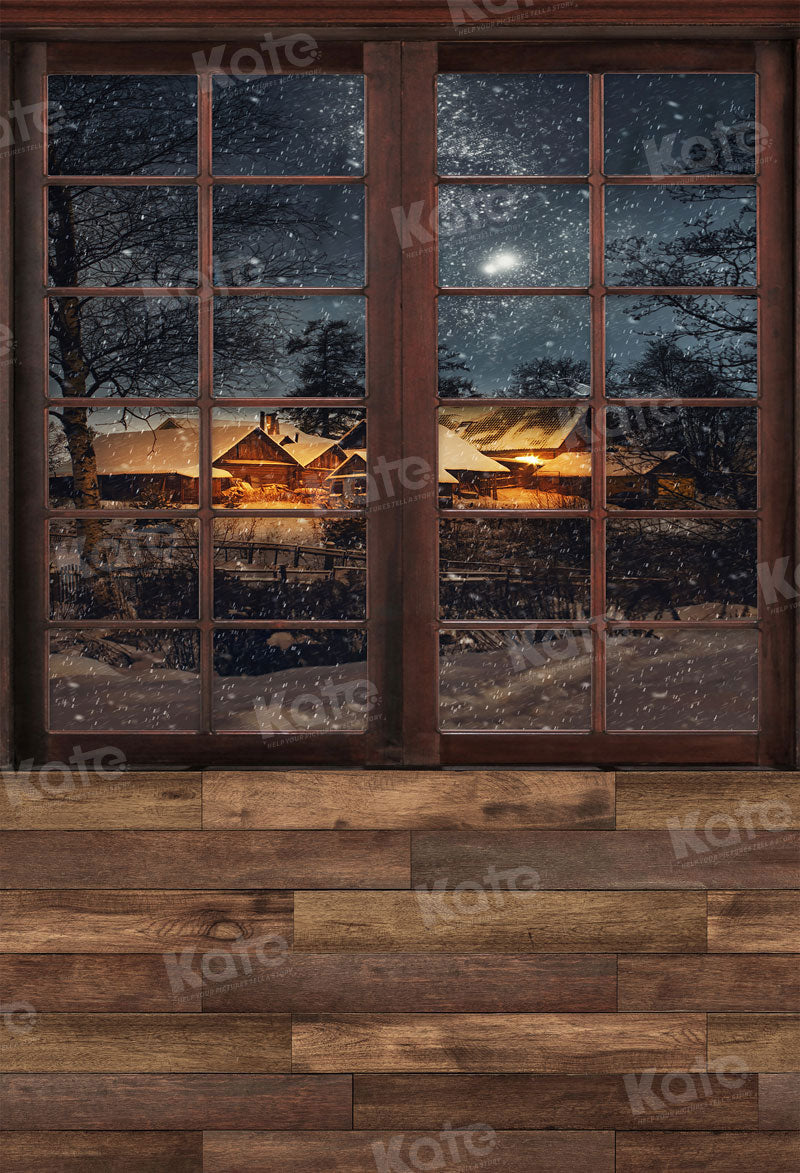 Kate Winter Snowy Night Backdrop Window Wood Splicing for Photography