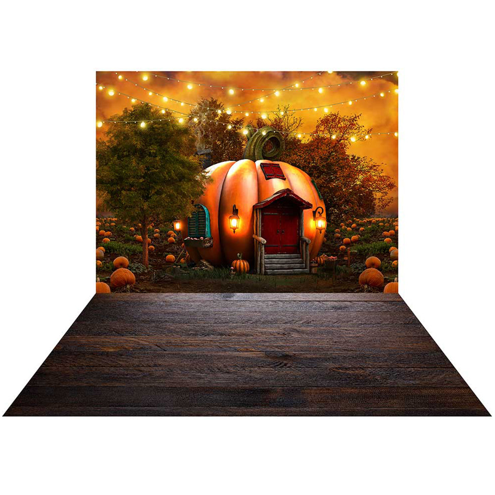 Kate Halloween Pumpkin House Backdrop+Brown Wood Floor Mat