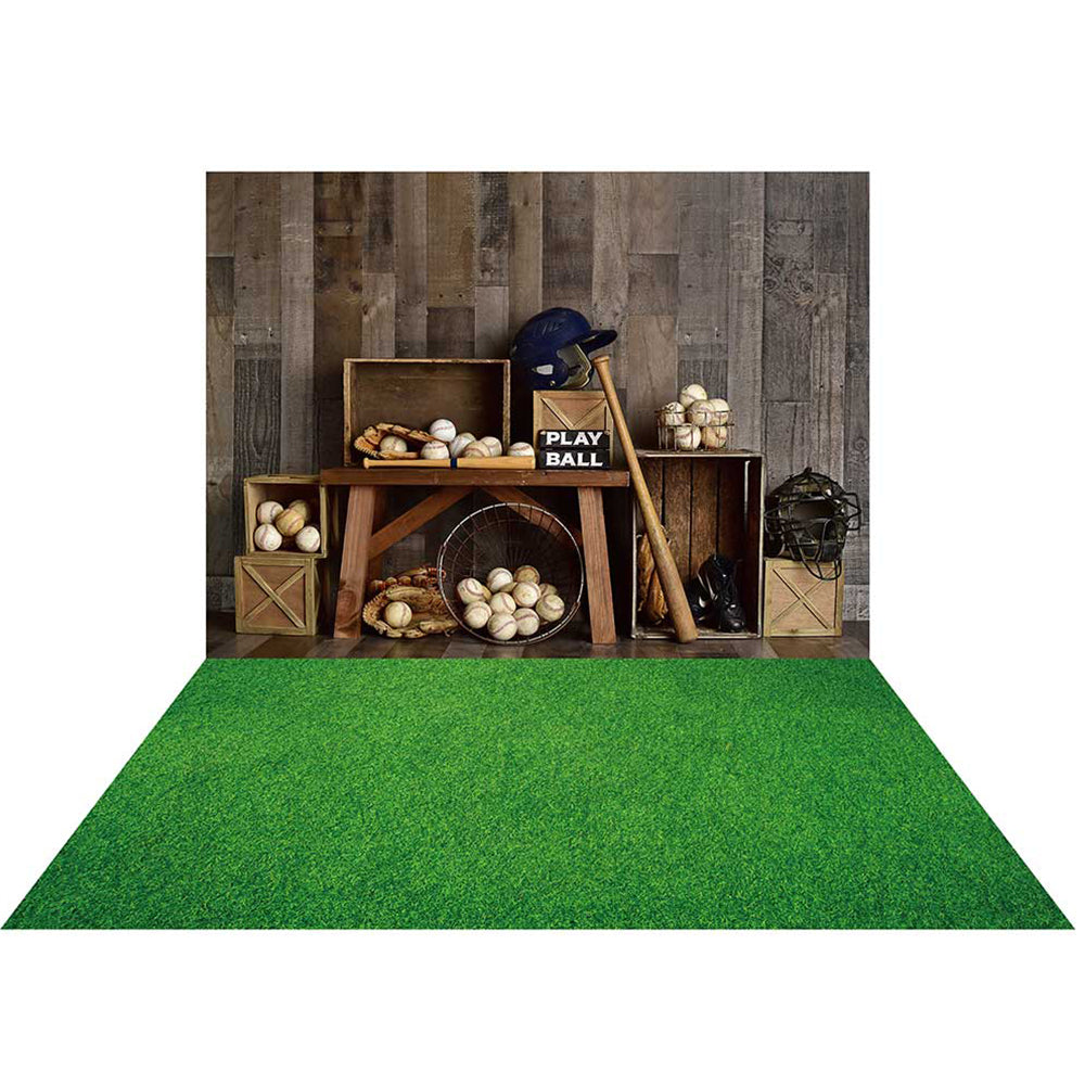 Kate Vintage Baseball Backdrop+Green Rubber Floor Mat