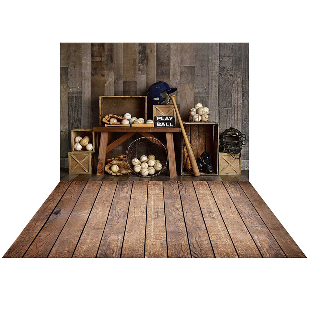 Kate Vintage Baseball Backdrop+Brown Wood Rubber Floor Mat