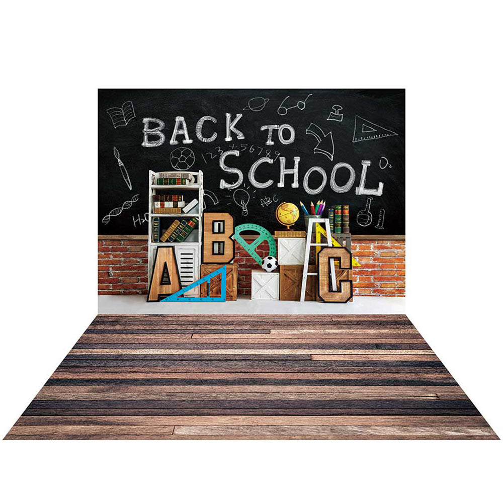 Kate Back to School Backdrop+Brown Wood Stripes Rubber Floor Mat