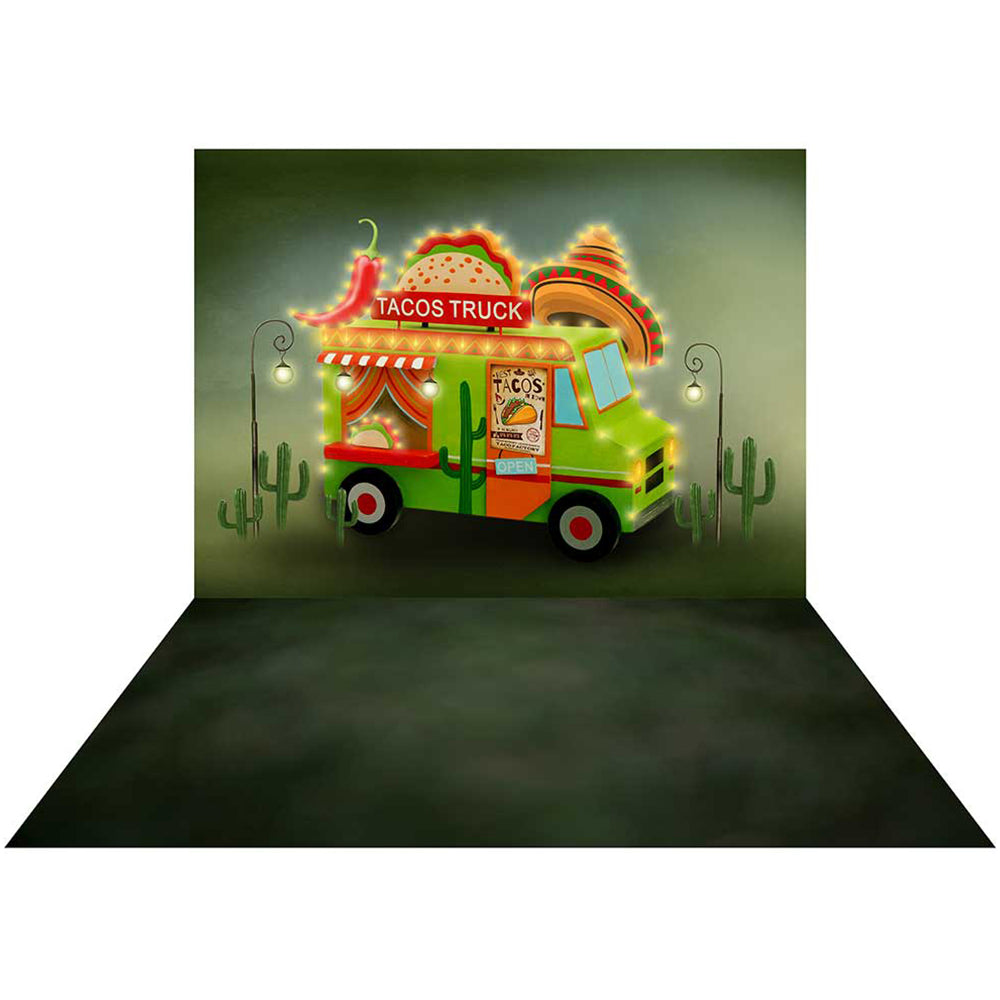 Kate Tacos Truck Chef Backdrop+Green Blur Rubber Floor Mat