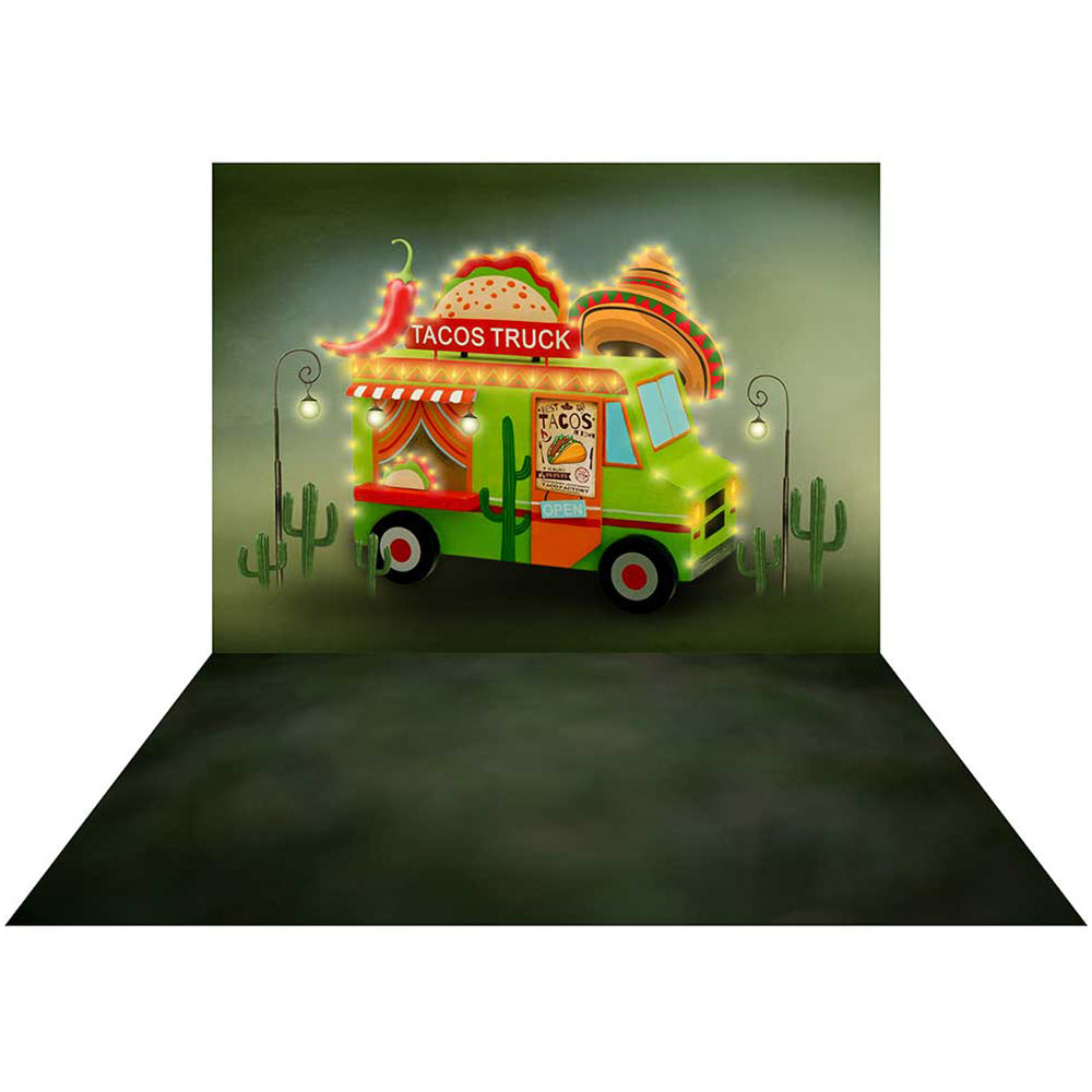 Kate Tacos Truck Chef Backdrop+Green Blur Rubber Floor Mat - Kate Backdrop AU