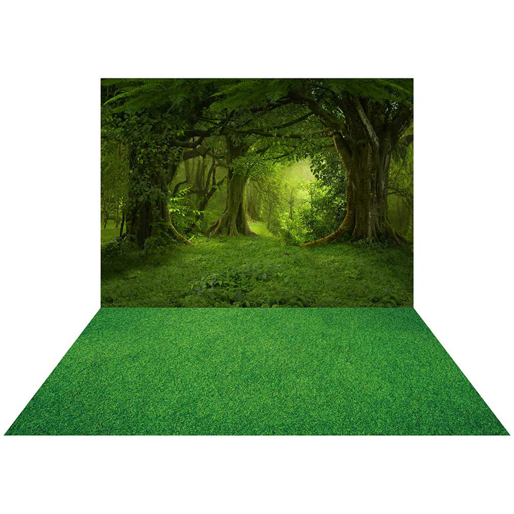 Kate Forest Fantastic Foggy Backdrop+Green Grass Rubber Floor Mat