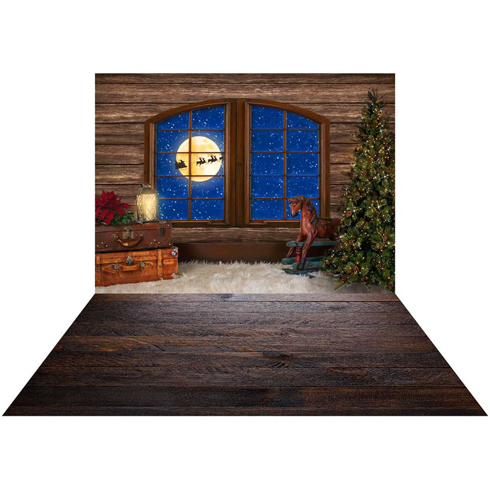 Kate Xmas Tree Santa Backdrop+Dark Wood barn Rubber floor mat
