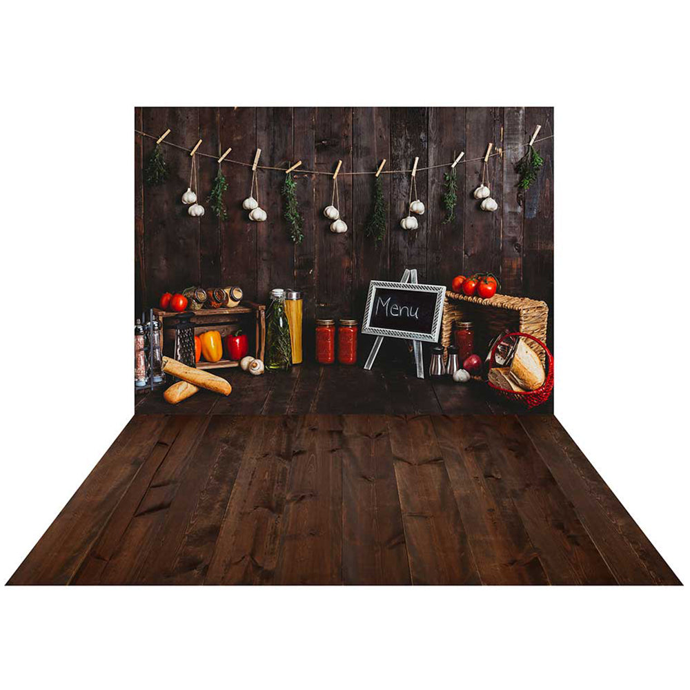 Kate Wood Kitchen Backdrop+Dark Wood Rubber Floor Mat