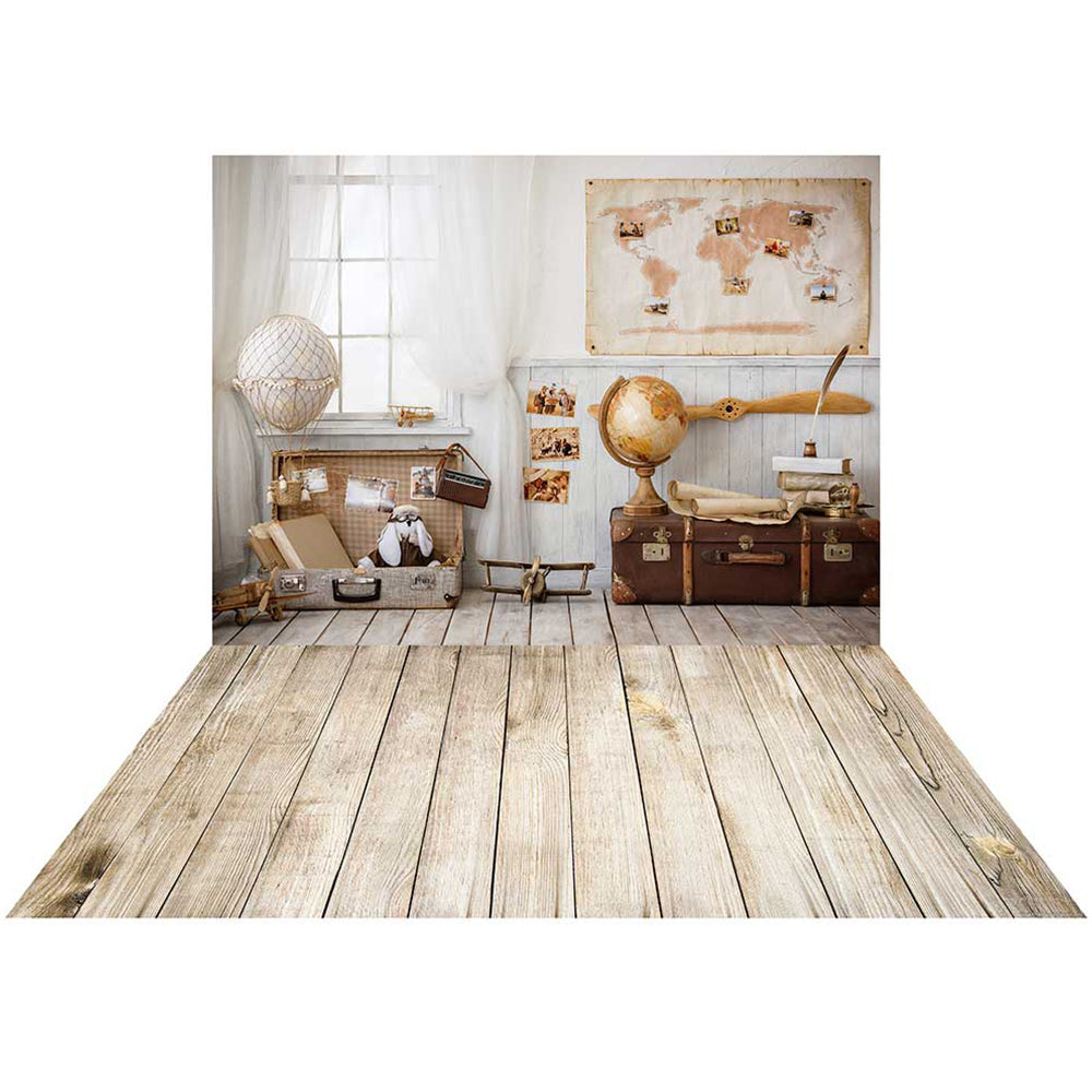 Kate Travel Adventurer Children Pilot Backdrop+Light Brown Wood Rubber Floor Mat - Kate Backdrop AU