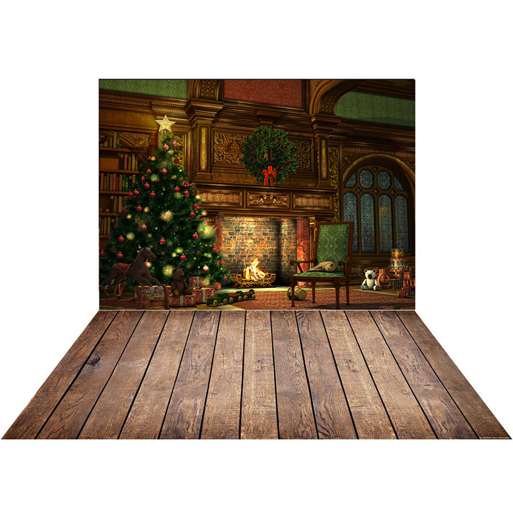 Kate Christmas Backdrop Fireplace+Brown Wood Stripes Rubber Floor Mat