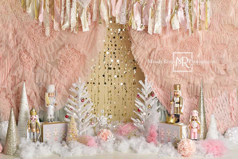 Kate Pink and Gold Nutcrackers Christmas Backdrop for Photography Designed By Mandy Ringe Photography