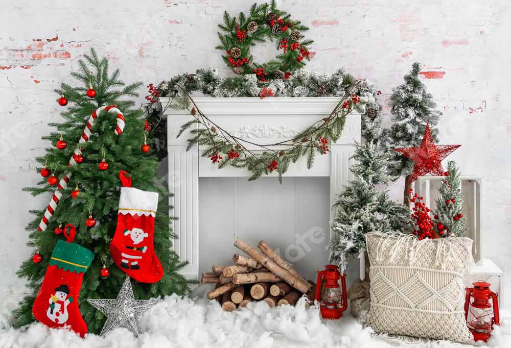 Kate Christmas Tree Brick Fireplace Backdrop Designed by Emetselch