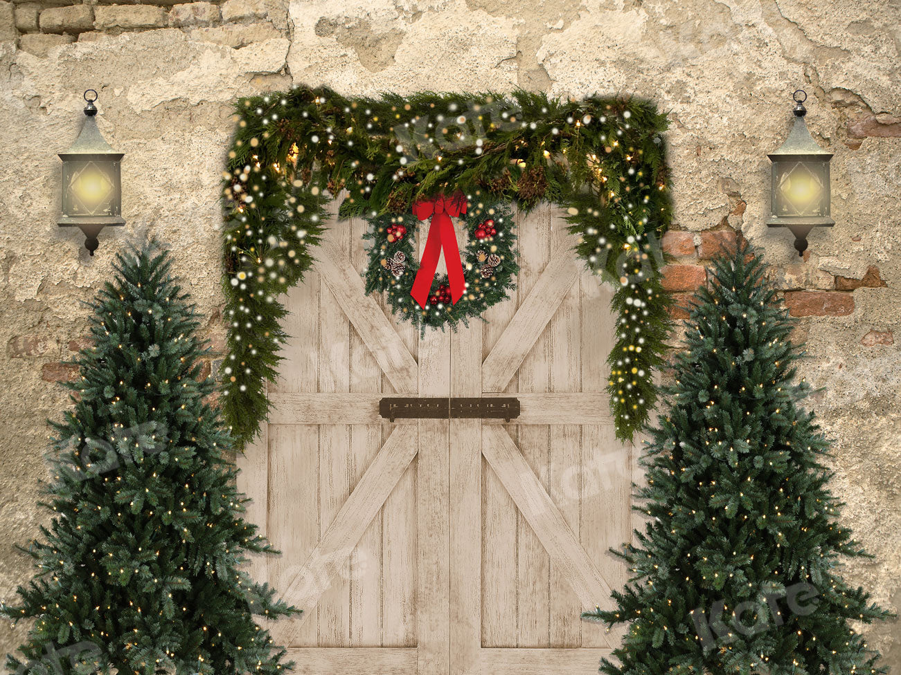 Kate Christmas Backdrop Brick Wall Door & Xmas Trees Designed By JS Photography