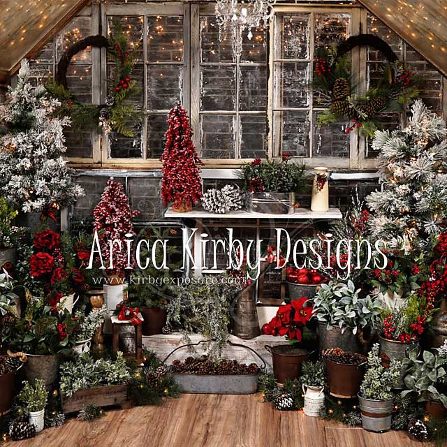 Kate Christmas Tree Wood House Winter Backdrops Designed by Arica Kirby - Kate Backdrop AU