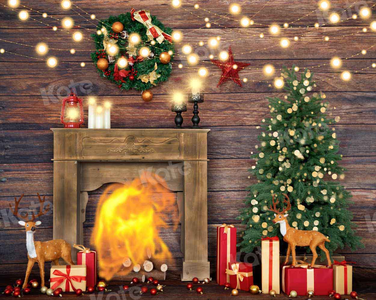 Kate Christmas Party Wooden Fireplace Room Backdrop Designed by Emetselch