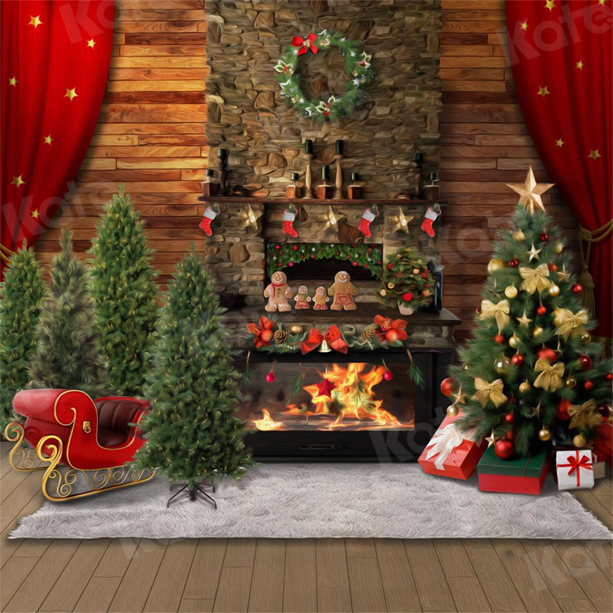 Kate Christmas Fireplace Room Gingerbread Backdrop for Photography