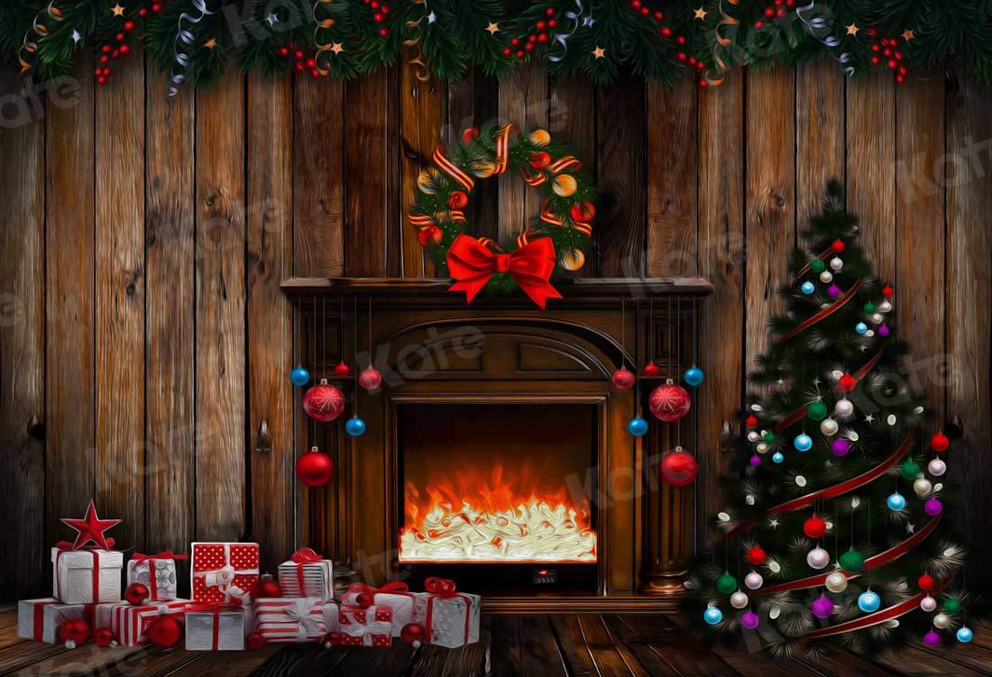 Kate Christmas Gifts Fireplace Wooden Backdrop for Photography