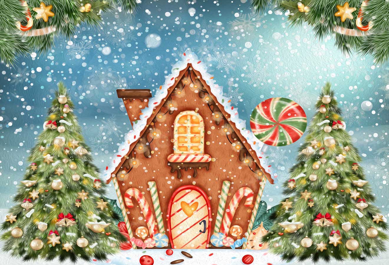 Kate Christmas Oil Painting Candy House Snow Backdrop for Photography - Kate Backdrop AU