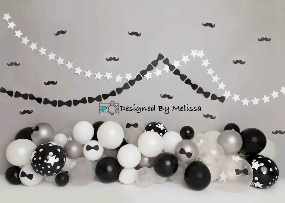 Kate Tie Moustache Birthday Backdrop Black&White Designed by Melissa King - Kate Backdrop AU