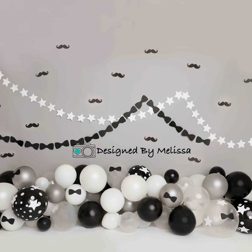 Kate Tie Moustache Birthday Backdrop Black&White Designed by Melissa King - Kate Backdrop AU