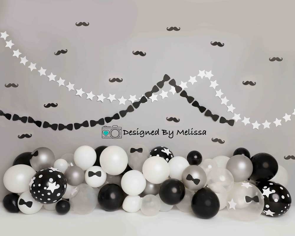 Kate Tie Moustache Birthday Backdrop Black&White Designed by Melissa King - Kate Backdrop AU