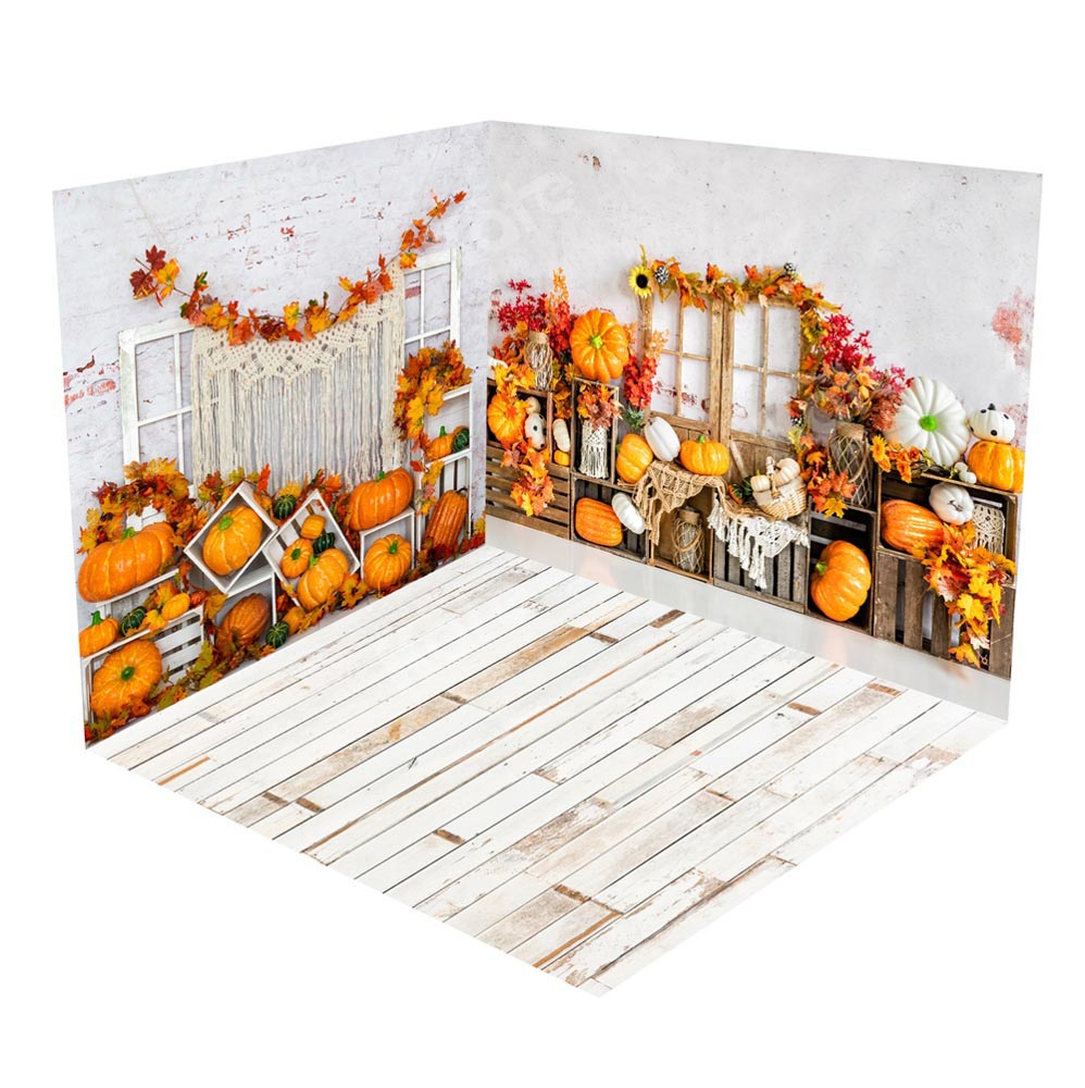 Kate Pumpkin Autumn Maple Leaf Wood Barn Door Room Set(8ftx8ft&10ftx8ft&8ftx10ft)
