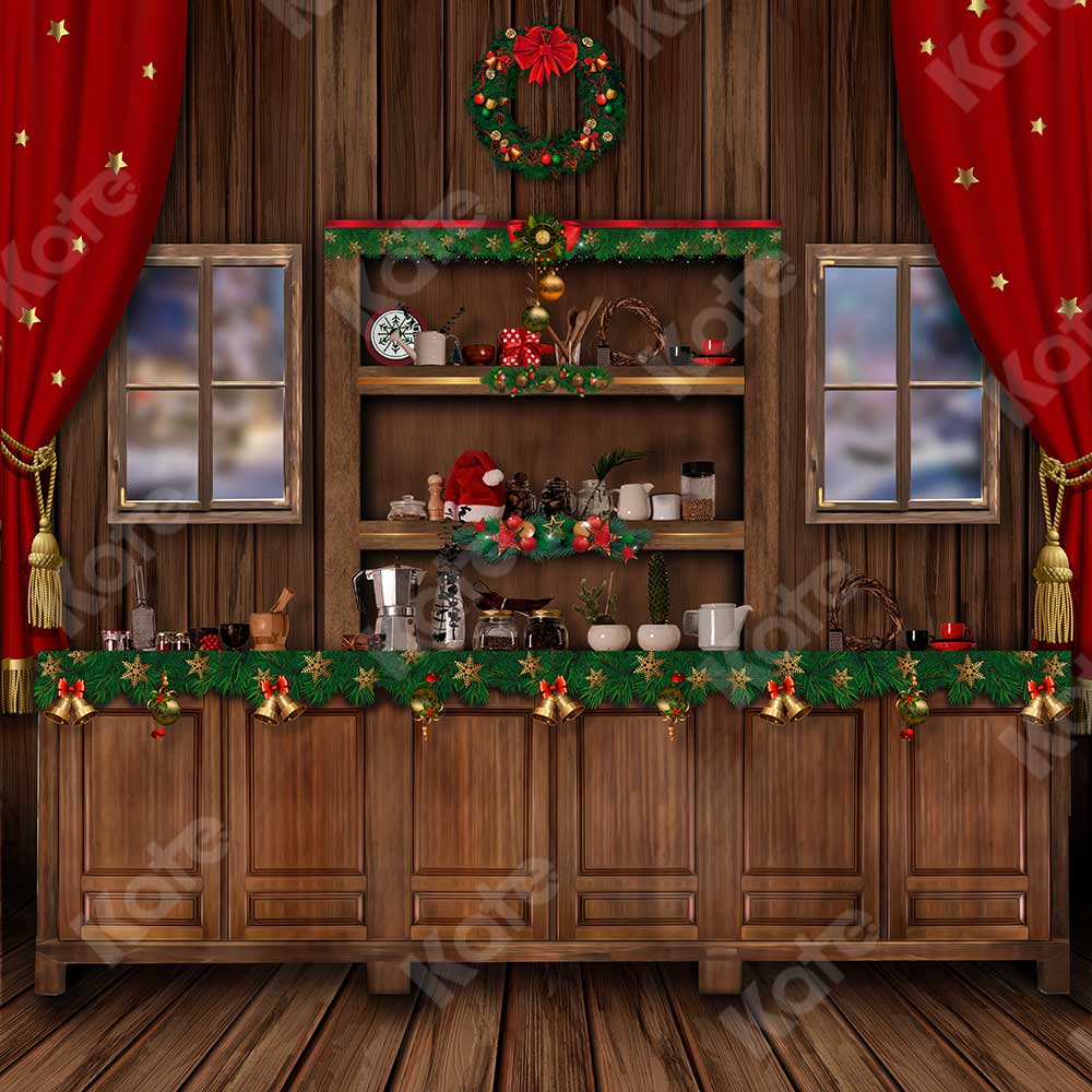 Kate Christmas Wooden Closet Kitchen Backdrop for Photography
