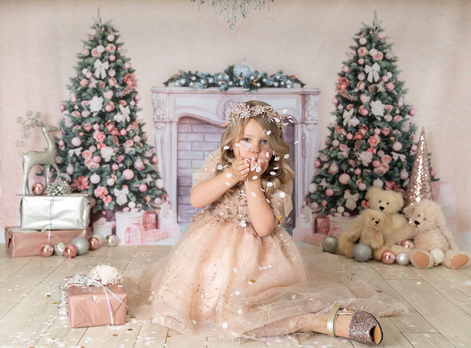 Kate Christmas Trees Backdrop Fireplace Pink Wall for Photography - Kate Backdrop AU